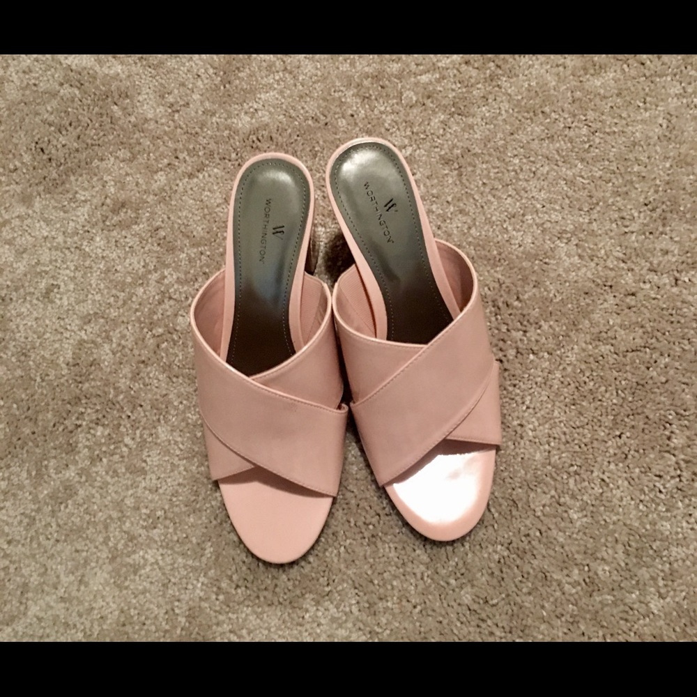Worthington pink vegan patent open toe mules